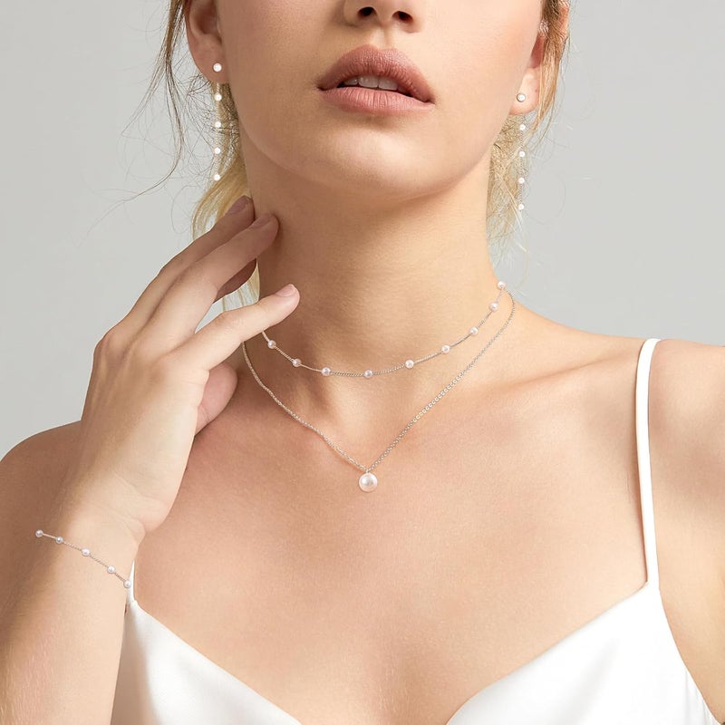 Zeffy Gold Pearl Necklace for Women, Dainty 14K Gold/Silve Plated Layered Pearl Choker Pearl Earrings Pearl Bracelets Wedding Trendy Gold Jewelry Set for Women Gifts - Image 3